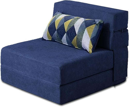 Folding Sofa Bed with Pillow Memory Foam Convertible Sleeper Chair Bed Couch Futon Lazy for Living Room Home Office Guest Beds Apartment Upstairs Loft, Single Size, Dark Blue