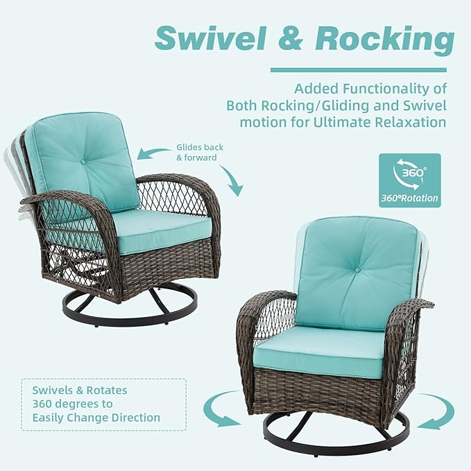 EROMMY 3 Pieces Outdoor Swivel Rocker Patio Chairs, 360 Degree Rocking Patio Conversation Set with Thickened Cushions and Glass Coffee Table for Backyard, Blue