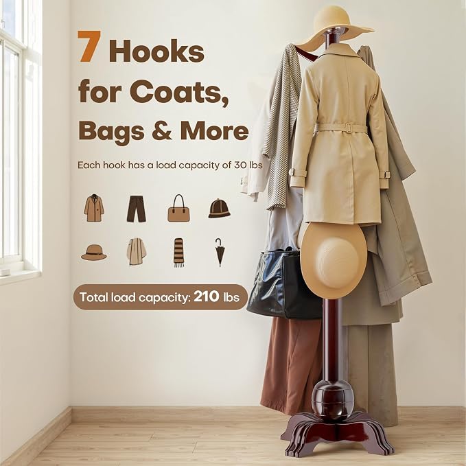 Hall Tree, Freestanding Wood Tree Rack with 7 Hooks, Coat Rack with Stable Sphere Base, Wooden Coat Rack Stand, Load 210 lb, Coat Hanger Stand for Entryway, Hallway, Bedroom (Black-Red) - Image 3
