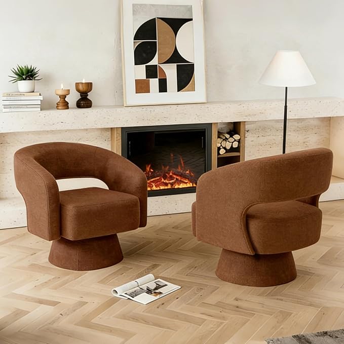 ClinQ Swivel Barrel Accent Chair, Oversized Chenille Fabric Upholstered Round Swivel Chairs Set of 2, Modern Luxury 360° Living Room Vanity Chair for Bedroom Office&Living Room, Orange