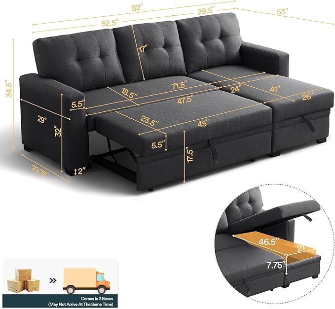 L Shaped Couch, 4 in 1 Pull Out Sofa Bed Sleeper, Sectional Sofa with Storage Convertible, Sofa Bed 82in Chaise Lounge for Living Room Apartment Dorm