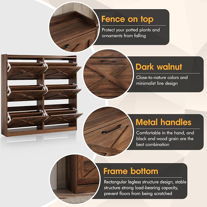 Maupvit Large Shoe Storage Cabinet with 6 Flip Drawers, Freestanding Shoe Organizer with Metal Handles for Entryway, Narrow Shoe Rack Cabinet, Dark Walnut - Image 4