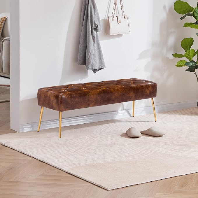 DUHOME Button-Tufted Ottoman Bench, Upholstered Bedroom Benches with Gold Legs Faux Leather Bench for Entryway Dining Room Living Room Bedroom End of Bed, Yellowish Brown - Image 2