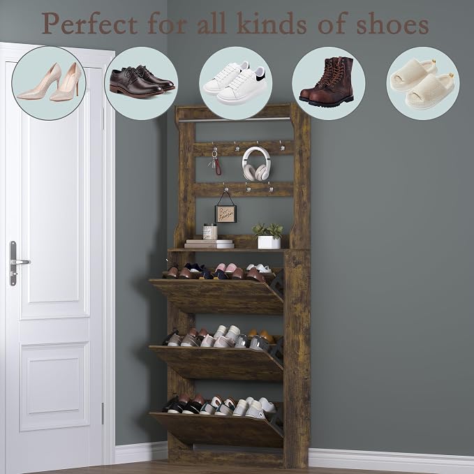 BORNOON Shoe Cabinet with 3 Flip Drawers & Coat Rack, Narrow Hidden Shoe Storage Cabinet, 2-in-1 Hall Tree Slim Freestanding Shoe Rack Organizer for Entryway, Hallway, and Living Room - Image 4