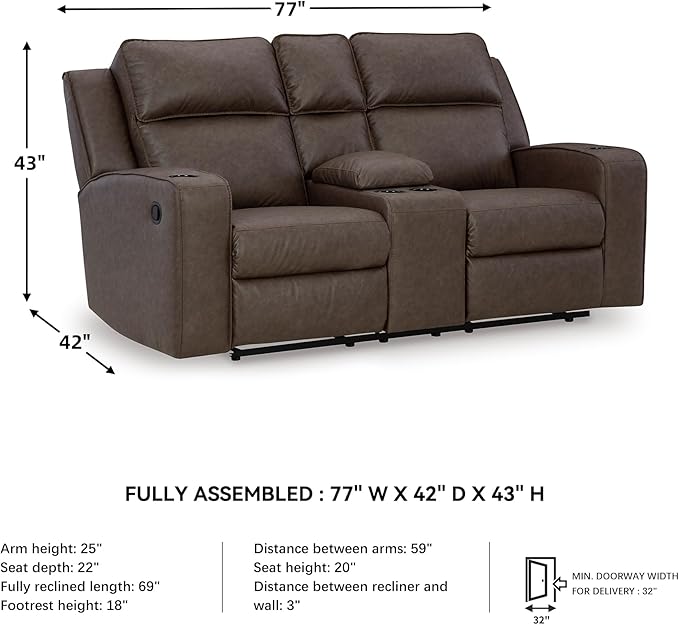 Signature Design by Ashley Lavenhorne Modern Faux Leather Manual Reclining Loveseat with Console and Cup Holders, Dark Brown