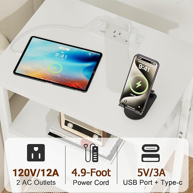 LOAKEKEL Night Stand with Charging Station, Small Bedside Table with 2 Fabric Drawers, Nightstand with USB Ports & Outlets for Bedroom, White, HETS020WT-1 - Image 4