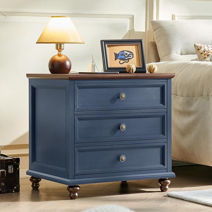 Joaxswe Farmhouse Nightstand with Charging Station, 24" Wide End Table with 3 Drawers,Blue Wood Dresser for Bedroom, Bed Side Table Chest of Drawers Cabinet,Night Stand for Living Room, Closet - Image 3