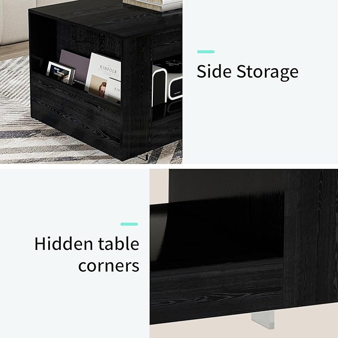 35" Wood Coffee Table for Living Room, Sides Storage with Transparent Legs, Minimalist Modern 2-Tier Storage Shelf Center Table for Home Office, Apartment, Black