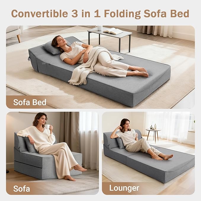 BeBen Folding Sofa Bed Chair, Convertible Sleeper Chair Futon Couch, Foldable Boneless Floor Lounger Sofa, Twin Foam Chair Bed for Small Spaces, Dorm, Guest Room, Living Room, Apartment, Grey
