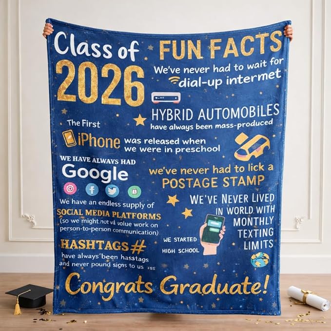 Graduation Gifts Blanket Class of 2026 ?€? Fun Facts Throw Blanket 50x60 Inch, Funny Inspirational Graduation Gift for Him Her, Cozy Plush Blanket for College High School Graduate