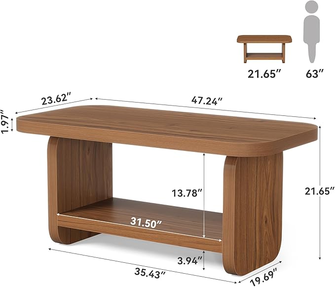 LITTLE TREE Wooden Coffee Table, 47.2" Center Table with Storage, Modern Farmhouse Rectangle Living Room Tables with Rounded Corners for Living Room, Bedroom, Kids Room, Home Office, Brown
