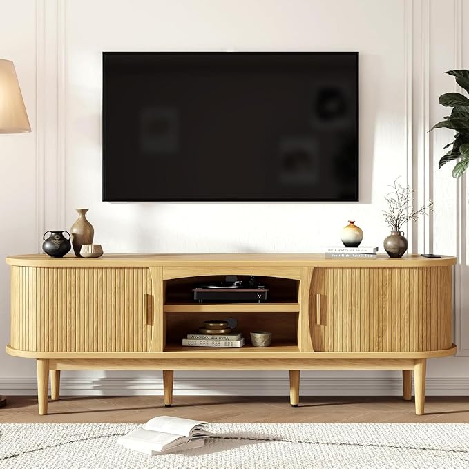 Decofy Mid Century TV Stand for TVs up to 80 Inches, Entertainment Center with Storage, Power Outlet, Fluted Sliding Doors & Adjustable Shelves, Modern Media TV Console Table for Living Room (Oak) by Decofy