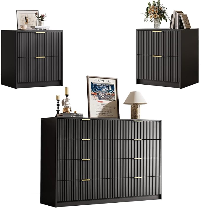 MAISONARIA 3-Piece Dresser Bedroom Set, 8 Drawer Dresser & 2 Drawer Nightstands with Gold Handles, Fluted Wood Chest of Drawers for Bedroom, Living Room, Entryway, Black