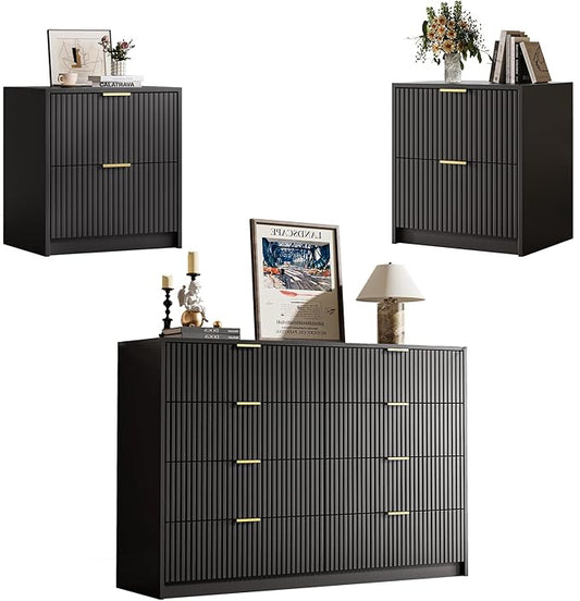 MAISONARIA 3-Piece Dresser Bedroom Set, 8 Drawer Dresser & 2 Drawer Nightstands with Gold Handles, Fluted Wood Chest of Drawers for Bedroom, Living Room, Entryway, Black