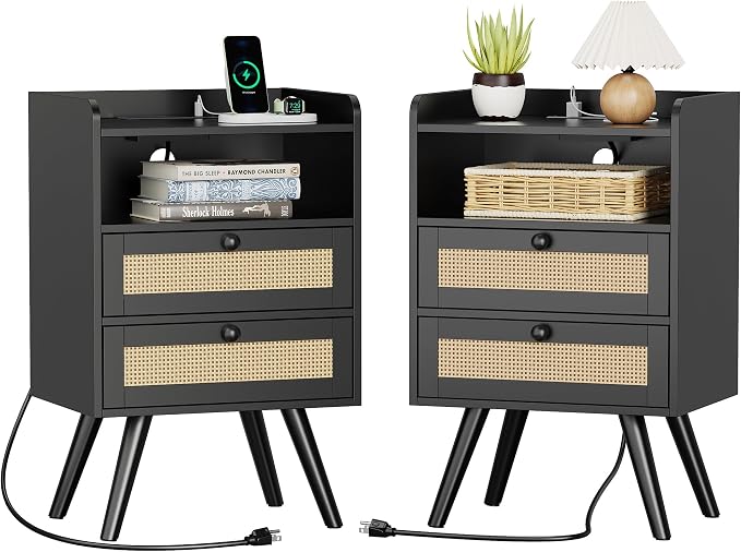 SUPERJARE 2 Drawer Night Stand with Charger Station, Boho Rattan Nightstand Set of 2, 25.2 Inch Tall Bed Side Table with Solid Wood Feet, End Table, Open Storage, Synthetic Rattan, for Bedroom, Black by SUPERJARE