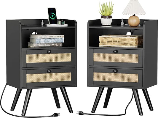 SUPERJARE 2 Drawer Night Stand with Charger Station, Boho Rattan Nightstand Set of 2, 25.2 Inch Tall Bed Side Table with Solid Wood Feet, End Table, Open Storage, Synthetic Rattan, for Bedroom, Black by SUPERJARE
