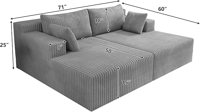 71-Inch Fluffy Corduroy Boneless Sleeper Daybed Loveseat Double Recliner Chaise Lounge Sofa Couches, Floor Cloud Sofa Chaise W/4 Pillows for Home Apartment Living Room