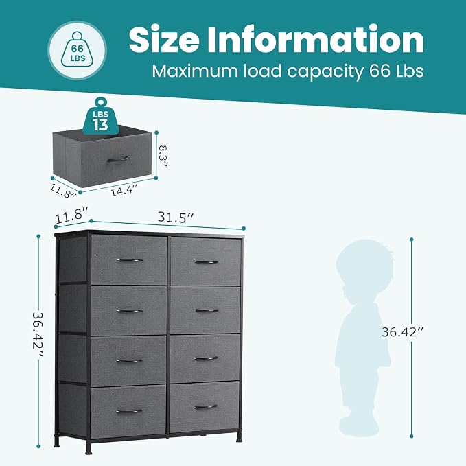 DUMOS 8 Drawer Dresser for Bedroom, Fabric Storage Organizer with Sturdy Metal Frame, Wooden Top Chest of Drawers for Closet Entryway Guest Room, Grey - Image 3