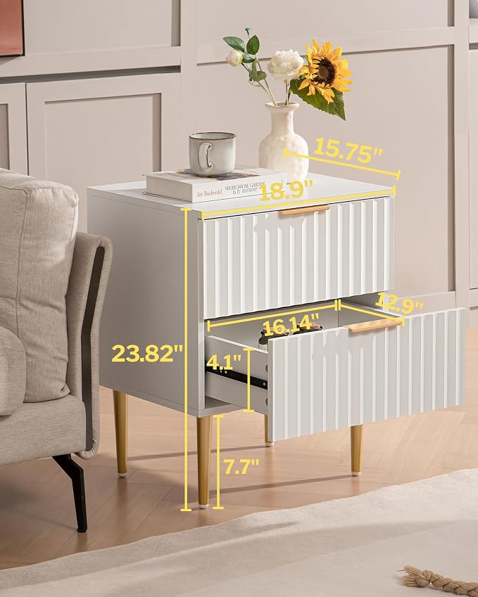 SICOTAS White Night Stand Set 2, Fluted Glossy Nightstand with 2 Drawers, Wide Modern Storage Bedside Table for Bedroom, End Side Table with Golden Metal Legs and Handles (White, 1 Piece) - Image 2