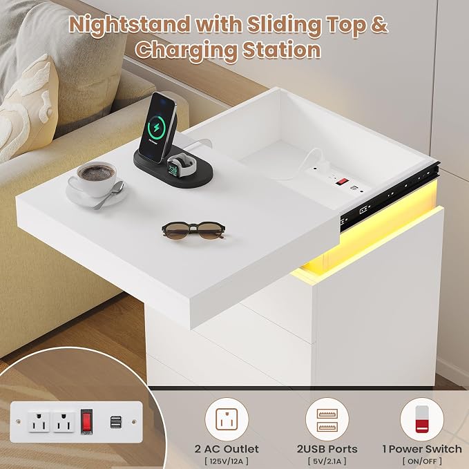ADORNEVE White Night Stand with Drawers and LED Lights,Tall Nightstand with Sliding Top,Bedside Table with Charging Station,Modern End Side Table for Bedroom, 15.7" D x 17.7" W x 31.1" H - Image 3