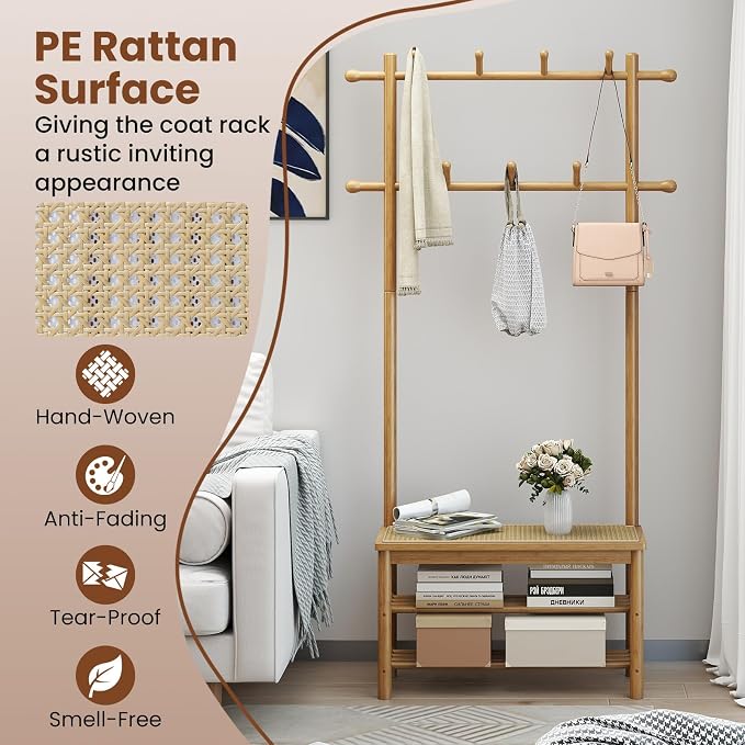 Giantex 3-in-1 Hall Tree with Bench and Shoe Storage, Bamboo Coat Rack Freestanding w/PE Rattan Bench, 11 Hanging Rods, 3 Tier Shoe Rack, Narrow Mudroom Storage Organizer for Entryway Bedroom,Natural - Image 6