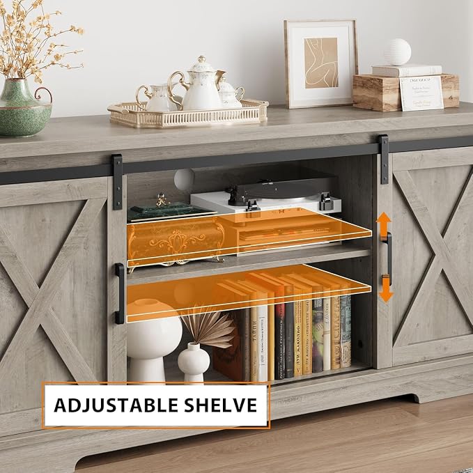 IDEALHOUSE Farmhouse TV Stand for 65 Inch TV, Entertainment Center with Sliding Barn Doors and Adjustable Shelves, TV Stand with Storage, Modern Storage Media TV Console for Living Room Bedroom, Grey - Image 4
