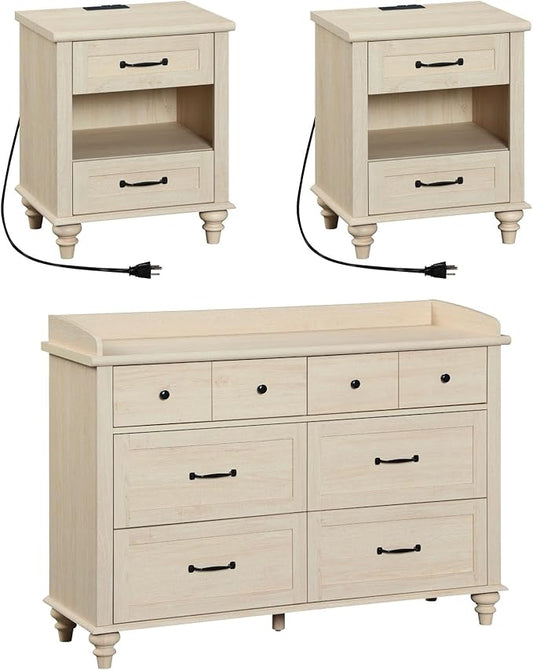 WAMPAT 3 Piece Bedroom Set - Includes Mid Century Dresser with 6 Drawers, Set of 2 Bedside Tables with Charging Station, 3 Piece Dresser and Nightstand Sets, Beige