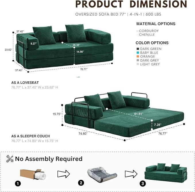4-in-1 Folding Convertible Sofa Bed, 77" Floor Couch with Pillow - Corduroy Fabric & High-Density Sponge & Fixed-Shape Frame, Modular Sofa for Living Room/Lounge/Studio, Green