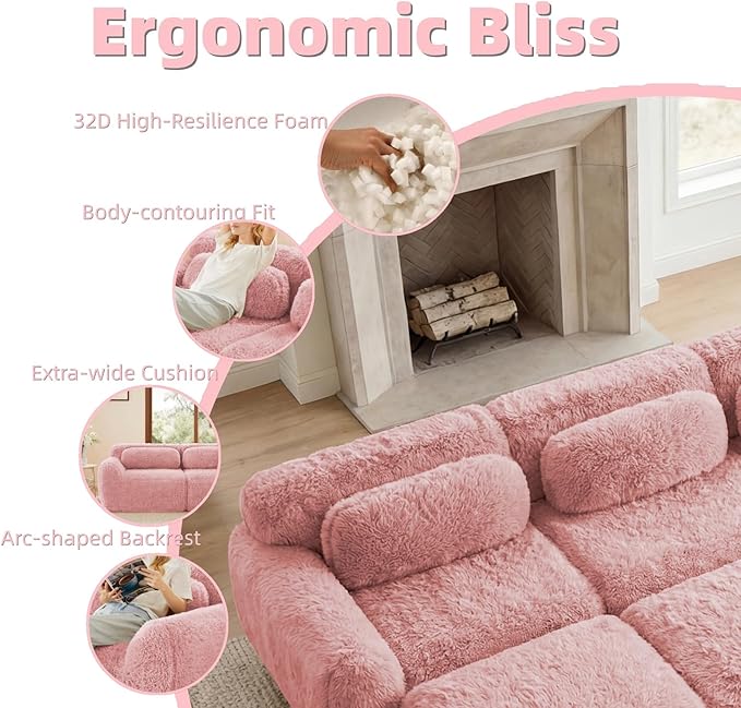 114.7" Sectional Sofa Bed, 6-Seater Modular Sleeper Boneless Couch with Movable Ottoman, Plush Convertible Sofa Set Deep Seat Couches for Living Room, Bedroom and Apartment, Pink
