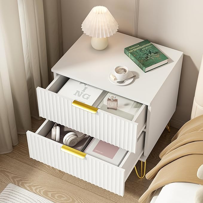 9 Drawer Dresser and Nightstand Sets for Bedroom, 3 Pcs Bedroom Set, Night Stand Set of 2 & 9 Drawer Dresser with Gold Handles, Modern Wood Chest of Drawers Storage Cabinet Set, White