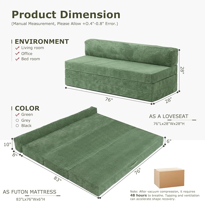 5-in-1 Convertible Sofa Bed, Boneless Loveseat Sleeper with Removable Cushions & Washable Cover, Futon Sofa Bed with Handle, Pull Out Couch for Small Spaces, King Size, Green