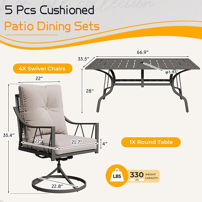 EROMMY 7-Piece Outdoor Patio Dining Set, 6 Wicker Swivel Rocking Chairs with 4" Cushions, Rectangular Table with Adjustable Umbrella Hole for Backyard, Deck, Black - Image 2