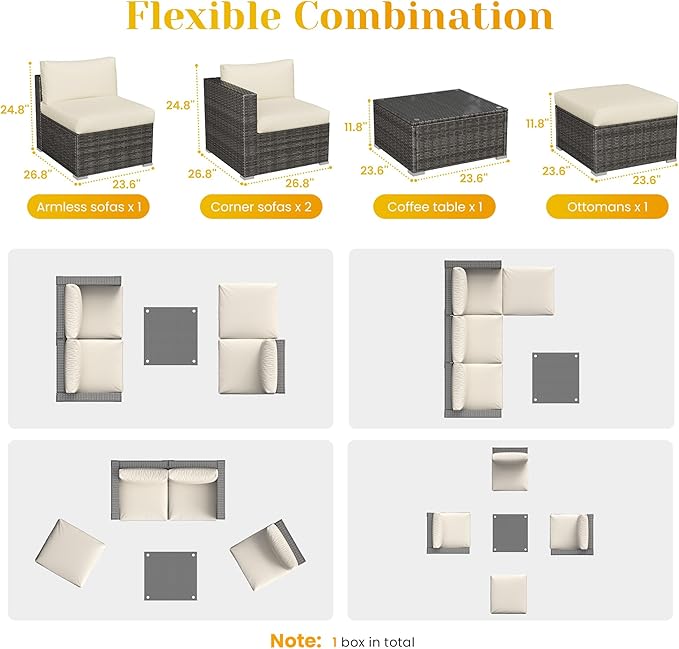 SUNVIVI OUTDOOR Outdoor Patio Furniture Set, 5 Piece Patio Conversation Set, Waterproof Wicker Patio Furniture Set, All Weather Combination Patio Conversation Sets with Cushions and Glass Table, Beige