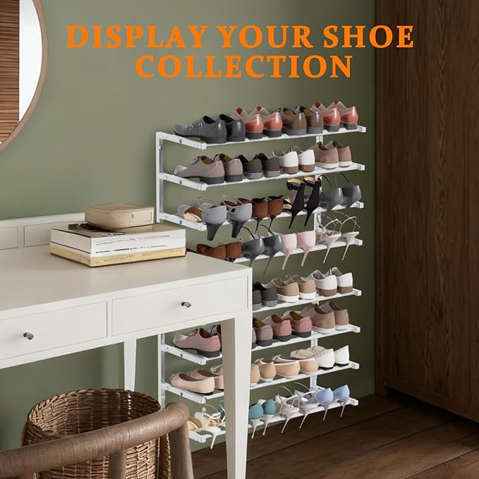 3 Pack Wall Mounted Shoe Rack, 4 Tier Hanging Shoe Rack Holds 48 Pairs, 17"-30" Adjustable Heavy Duty Wall Shoe Shelf with 6 Storage Hooks, Space Saving for Closet Entryway, White - Image 7