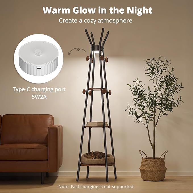 young master Coat Rack, Freestanding Coat Rack with 3 Shelves and 12 Hooks, Coat tree with Motion Sensor Light for Entryway, Livingroom, Hall Tree Free Standing for Coats, Scarves, Handbags, Black - Image 2
