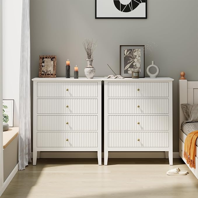RoyalCraft White Fluted 4 Drawer Dresser Set of 2 for Bedroom, Modern Chest of Drawers, Wood Dresser for Storage Clothes, Wooden Storage Cabinet Nightstand for Bedroom, Hallway, Living Room, Entryway by Bringyoubetterlife
