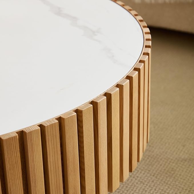 WILLIAMSPACE 35.43" Round Coffee Table with Sintered Stone Tabletop, Modern Farmhouse Wood Circle Drum Center Table for Living Room, Accent Side End Table for Apartment, 13.77" H (Oak+White)