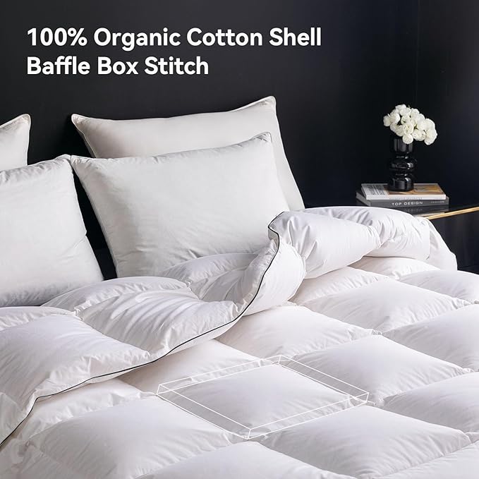 Ousidan Goose Feather Down Fiber Comforter Cal King Size,100% Organic Cotton Duvet Insert,All-Season Luxury Duvet Insert with Baffle Box Design, 700+Fill Power Hotel Collection Bedding Comforter