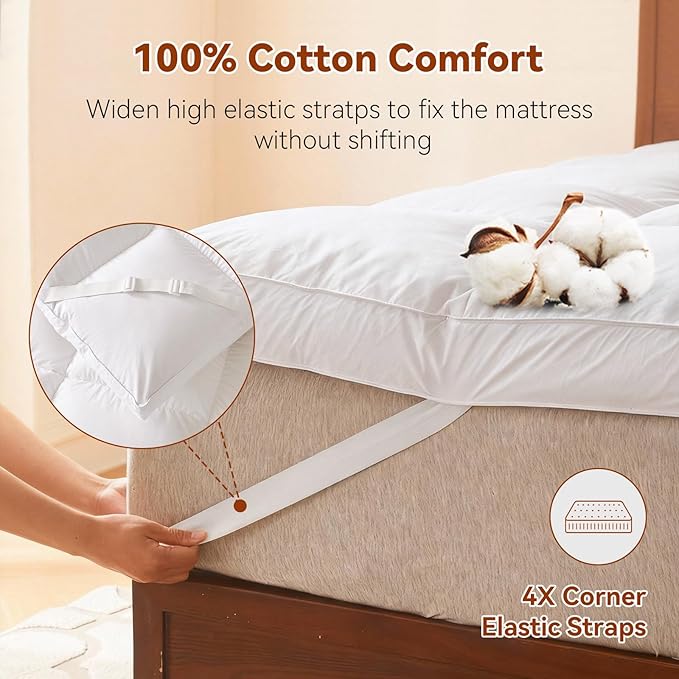 3 Inch White Goose Feather Mattress Topper,King Feather Bed Topper,Mattress Cover with Straps,Ultra Soft Pillowtop,100% Cotton Fabric(78”x80”)