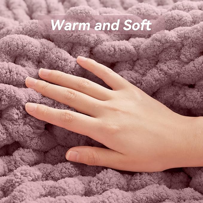 Negwoo Chunky Knit Throw Blanket, 50''*60'' Knitted Throw Chenille Yarn for Bed Couch, Handmade Muted Pink Crochet Big Thick Blanket, Machine Washable Cute Comfy Blanket for Home Decor