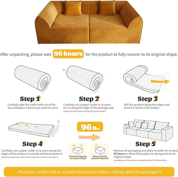KEIKI 98.43'' Sofa Bed with Rectangle Pillow & Cushions, 2-Seater Convertible Chair, Folding Memory Foam Floor Couch & Sleeping Mattress, Modern Fabric Sleeper Sofa for Bedroom & Living Room,Orange