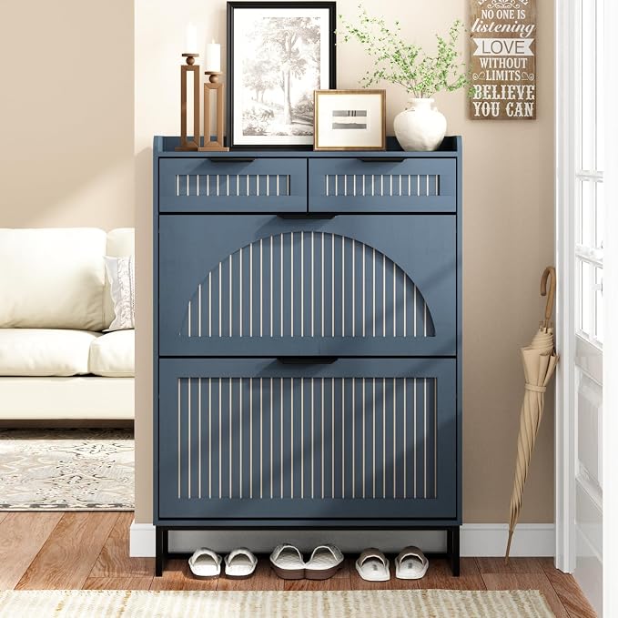 Fluted Shoe Cabinet Storage for Entryway – Narrow Shoe Rack with 2 Flip Drawers & 2 Storage Drawers, Freestanding Hidden Shoe Organizer for Foyer, Hallway (Blue) by WINWY
