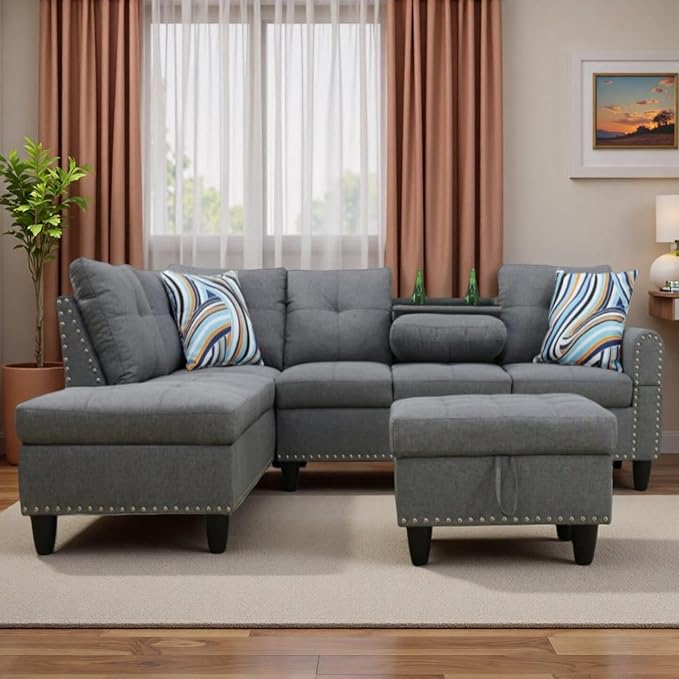 L-Shaped Sectional Sofa with Movable Chaise & Storage Ottoman, Lounge 3-Piece Modular Convertible Couches for Living Room, Apartment & Office, Dark Grey