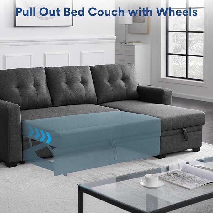 Rovibek 82" Convertible Sofa Bed Couch with Storage - 4 in 1 L Shaped Sofa with Pull Out Couch Bed for Living Room, Apartment, Office, Small Spaces, Dark Grey