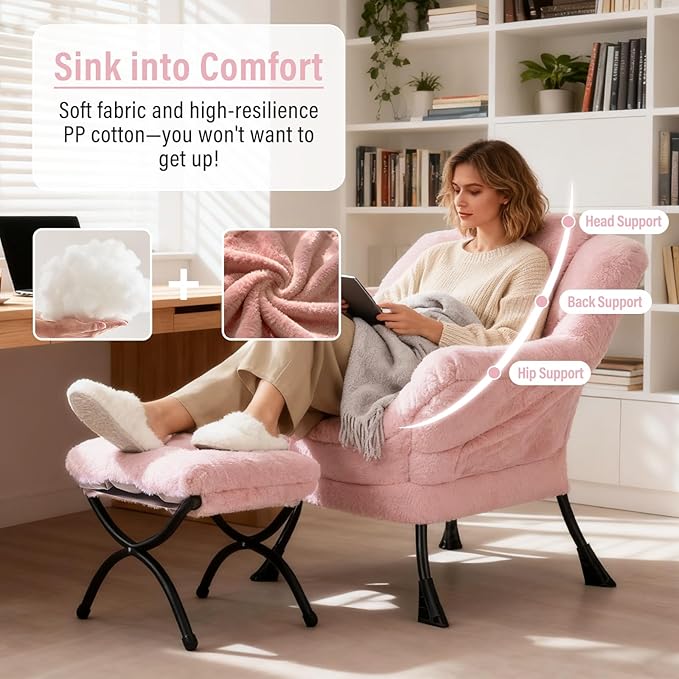 Furlide Lazy Chair with Ottoman, Modern Accent Chair with Armrests and a Side Pocket, Plush Pink Accent Chairs, Reading Chairs, Oversized Armchairs for Bedroom, Study, Living Room, Courtyard