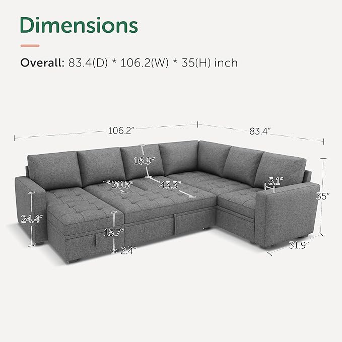 HONBAY Modular Sectional Couch with Pull Out Bed Sleeper Sofa with Storage U Shaped Modular Sectional Couches for Living Room,Mid Grey