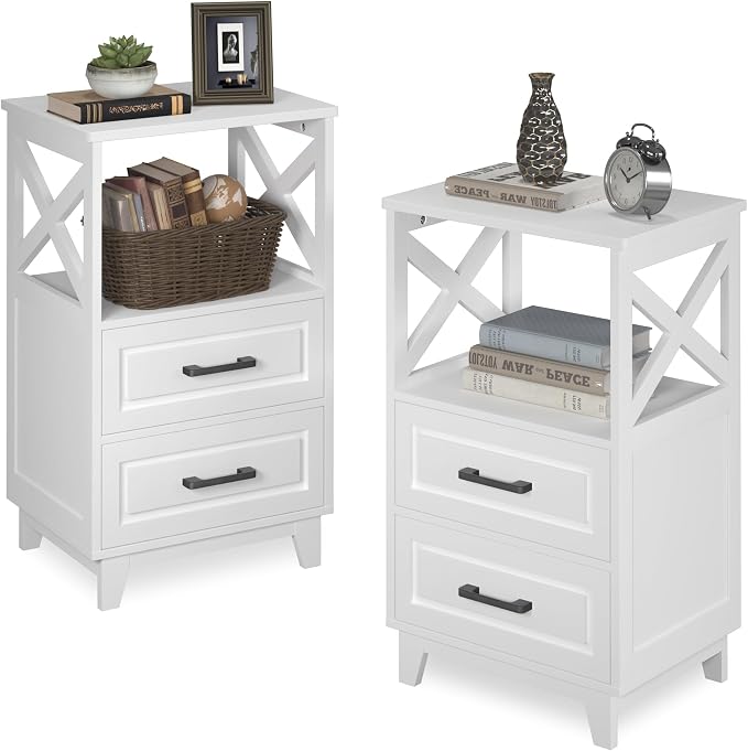 May in Color White Nightstand Set of 2, Tall Side Table, Farmhouse End Table with 2 Large Storage Drawers Cabinet, Wooden Rustic Bedside End Table for Bedroom, Home Office, White by MayinColor