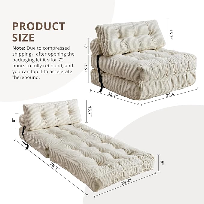 Folding Sofa Bed, Convertible Sleeper Chair with Pillow, Foldable Mattress with Back Support, Portable Floor Sofa Lounge for Living Room Bedroom Dorm