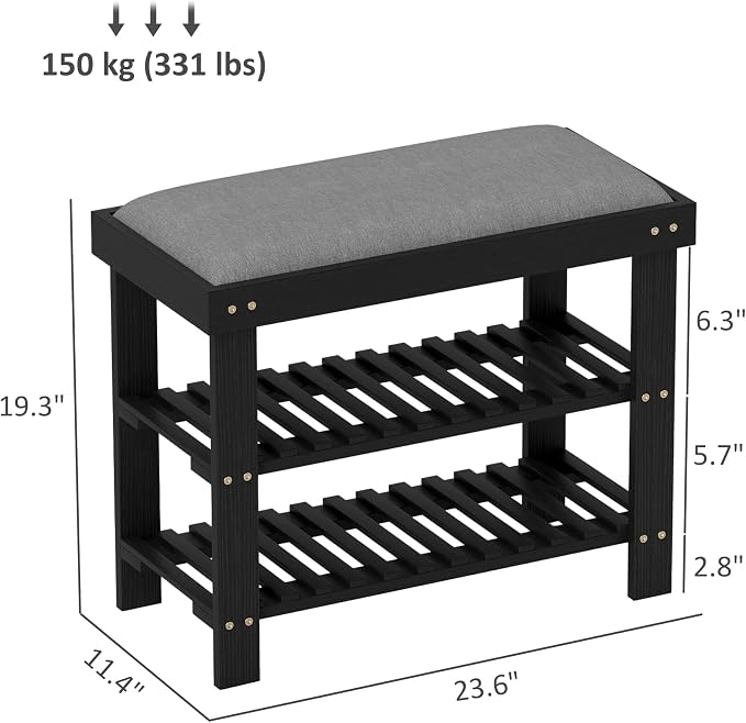 HOMCOM Bamboo Shoe Bench, 3-Tier Entryway Bench with Storage and Cushion, Shoe Organizer for Entryway, Hallway, Holds Up to 331 lbs, 23.6 x 11.4 x 19.3 Inches, Black - Image 3