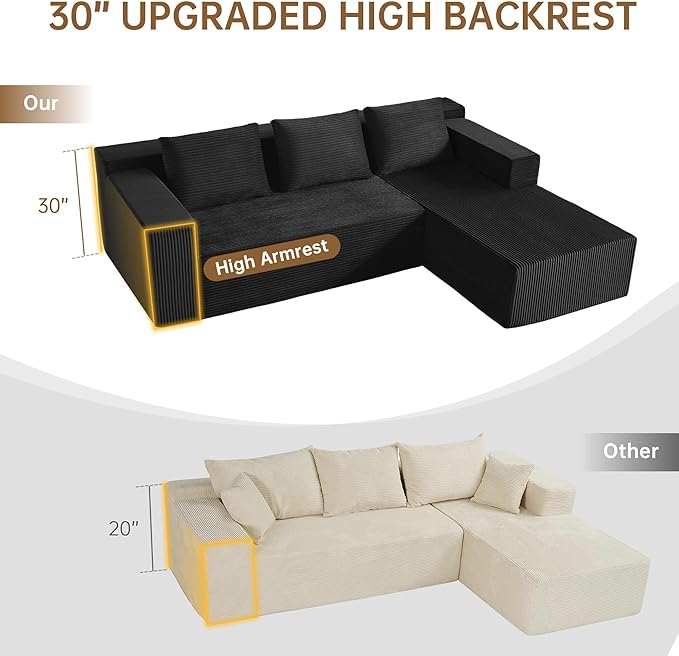 103" Cloud Sectional Sofa, Boneless L-Shape Couch with Chaise, Modern Minimalist Modular Couch for Living Room, Free Combination, Deep Seat, No Assembly Required, Premium Corduroy, Black, R